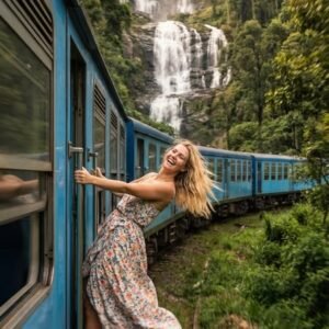 Joyful Woman Leaning Out Train to Falls