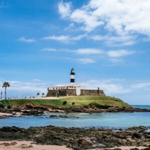 Long shot of Bahia Nautico Museum in Salvdor, Brazil, under cloudy blue skies