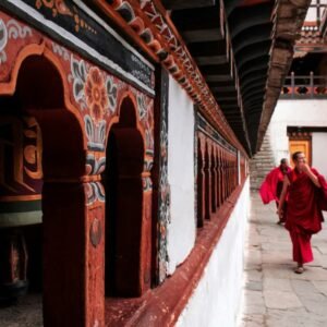 bhutan-monks-prayer-wheels-monastery